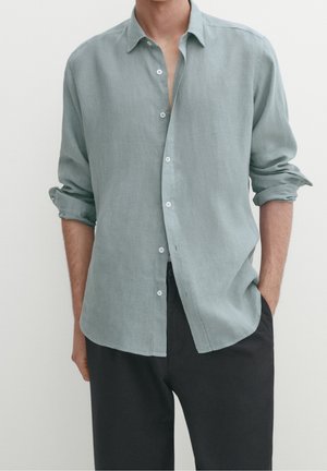 Mężczyzna ubrany w jasnoszarozieloną koszulę na guziki z długimi rękawami podwiniętymi do góry, w czarnych spodniach, stojący na jednolitym tle.