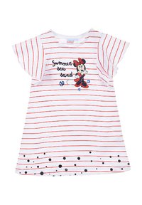 Abito bianco a t-shirt con righe orizzontali rosse, maniche a sbuffo e pois neri sull'orlo. Presenta un design ricamato di Minnie Mouse.
