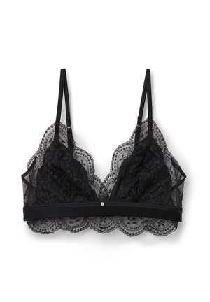 Brassière en dentelle noire avec des bords festonnés, bretelles douces et réglables, et un accent décoratif en perle sur la bande centrale.