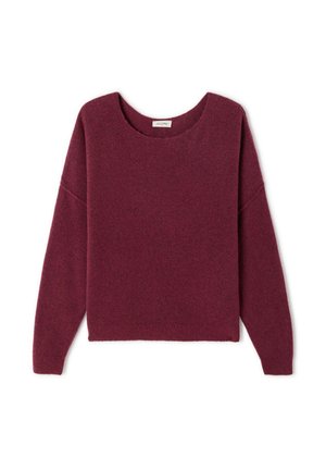 Bordeaux pullover gemaakt van zachte brei stof, met een ronde halslijn, brede manchetten en een ontspannen pasvorm met verhogingen op de schouders.