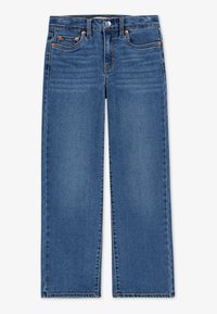 Blå denimjeans med rak benmönster, fem fickor och kontrasterande sömmar. Har en knappstängning och bältesöglor.