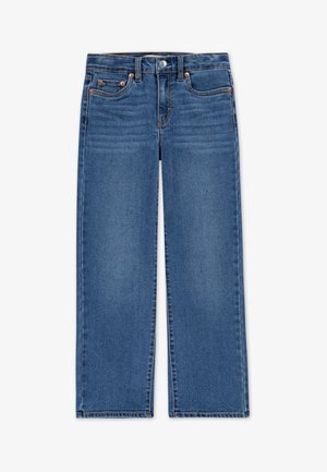 Pantalones vaqueros de mezclilla azul con un diseño de pierna recta, cinco bolsillos y costuras en contraste. Presentan un cierre de botón y trabillas para cinturón.