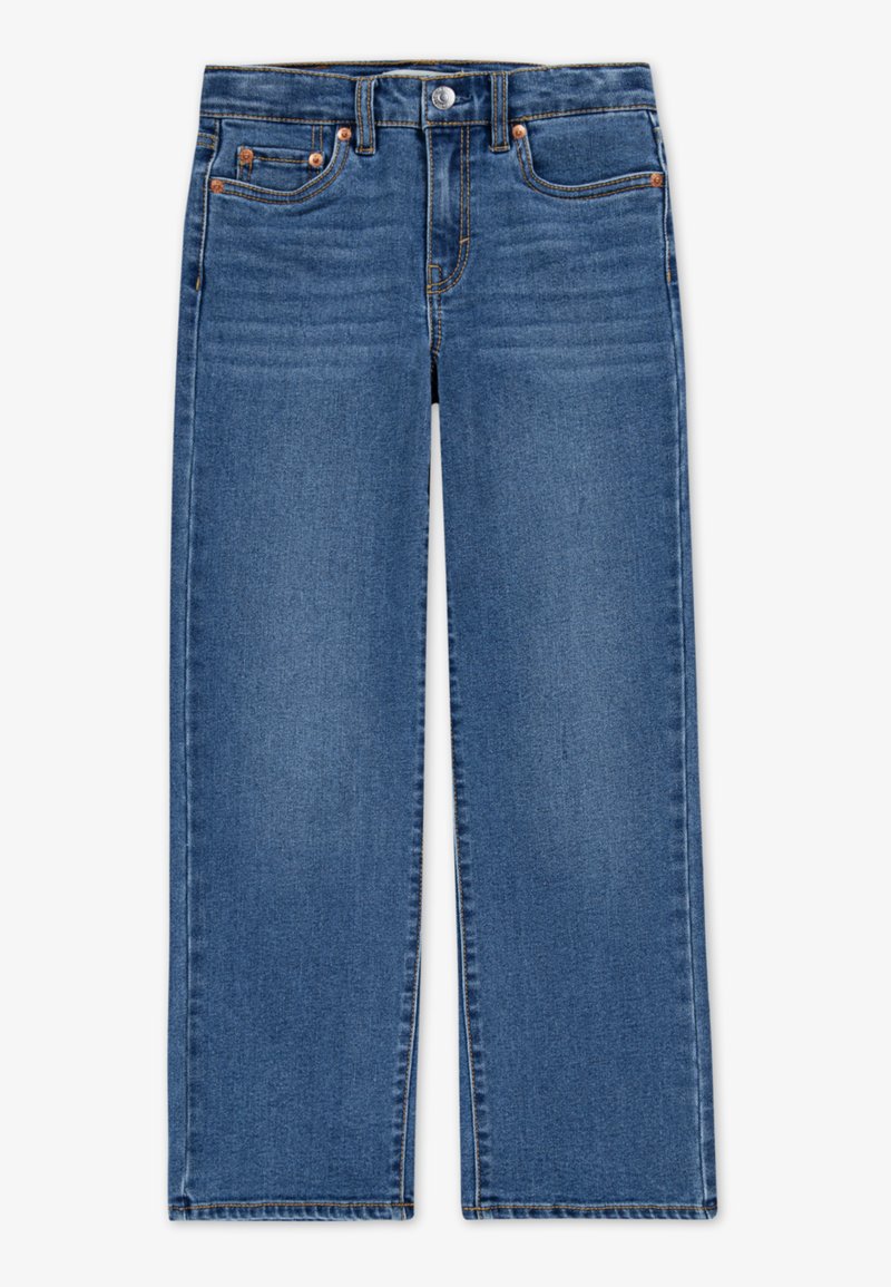 Blå denimjeans med rak benmönster, fem fickor och kontrasterande sömmar. Har en knappstängning och bältesöglor.