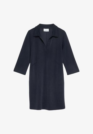 Robe noire longueur genoux avec manches trois-quarts, col et patte de boutonnage en V, étiquette de la marque "Comma".