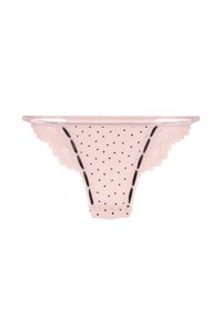 Roze kanten string met zwarte stippen, geschulpte randen en contrasterend zwarte stiksels langs de zijkanten voor decoratieve details.