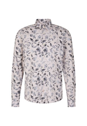 Langärmliges Hemd mit Knopfleiste in Weiß mit grauem abstraktem Blattmuster, ausgestattet mit einem klassischen Kragen und Knopfmanschetten.