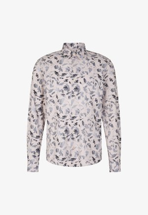 Langsleeve knoop-overhemd met een witte basis en een grijs abstract bladerenpatroon, voorzien van een klassieke kraag en knoopmanchetten.