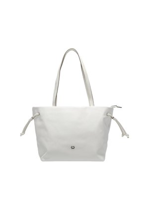 Borsa a tracolla bianca con una texture in pietra, due manici superiori, accenti con cordino e un logo sottile sul davanti. Design spazioso e moderno.