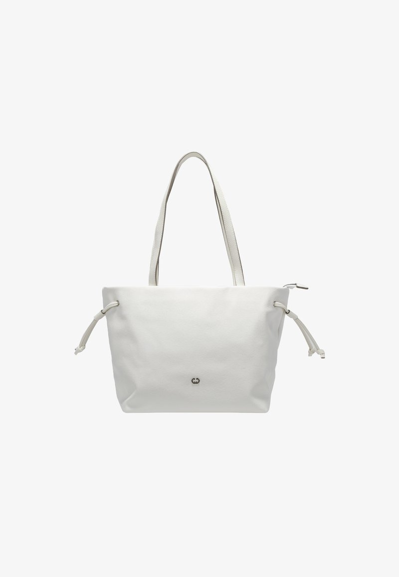 Sac fourre-tout blanc avec une texture en relief, deux poignées supérieures, des accents à cordon de serrage et un logo discret à l'avant. Design spacieux et moderne.