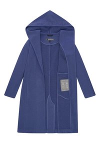 Cappotto lungo e aperto davanti di un profondo blu, caratterizzato da un cappuccio e tasche laterali. Realizzato in un tessuto morbido con una texture liscia e un sottile marchio all'interno.