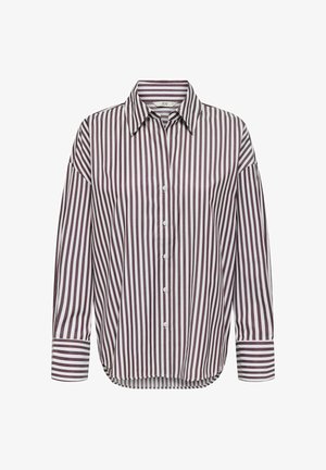 Button-up shirt featuring vertical burgundy and white stripes, lightweight fabric, collared neckline, and long sleeves with cuff detail.