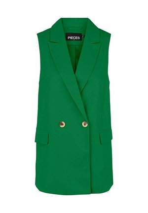 Groene mouwloze blazer bodywarmer met brede revers, dubbele bruine knopen en twee klepzakken, maat medium, merk "Pieces".