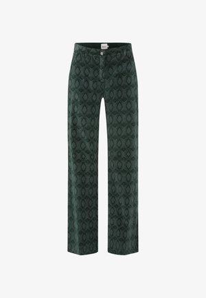 Grüne Hose mit Muster und strukturierter Gestaltung, geradem Beinanschnitt und Knopfverschluss an der Taille. Der Stoff zeigt ein dezentes Blattmotiv.