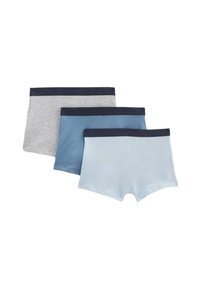 Trois paires de boxers pour garçons en coton gris, bleu foncé et bleu clair. Chaque modèle comporte une ceinture élastique bleu marine foncé et une texture lisse.