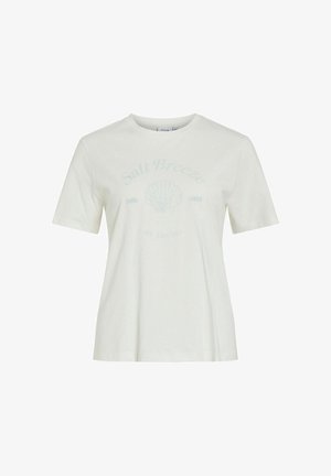 Hvid T-shirt med korte ærmer med lyseblåt skaldyrsprint og teksten "Salt Breeze" foran, rund halsudskæring og afslappet pasform.