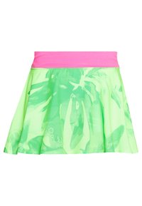 Grön kjol med tropiskt bladmönster, rosa elastisk midja och utsvängd design, gjord av lätt, slätt tyg.