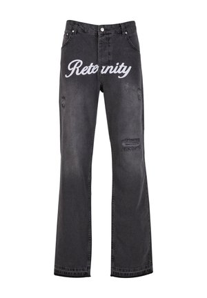 Musta leveälahkeinen farkut, joissa on kulutettuja yksityiskohtia ja valkoinen "Reternity" -teksti edessä. Valmistettu denimsistä, jossa on teksturoitu pinta.