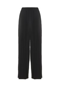 Svarta vida byxor med resårmidja, tillverkade av mjukt tyg, med en flödande design och utan synliga mönster eller detaljer.