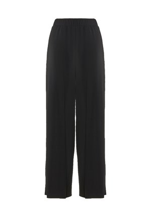 Pantalons larges noirs avec une taille élastique, fabriqués en tissu doux, avec un design fluide et sans motifs ni éléments métalliques visibles.