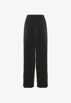 Pantaloni neri a gamba larga con vita elastica, realizzati in tessuto morbido, con un design fluido e senza motivi o accessori visibili.