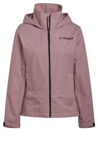 Světle růžová bunda s kapucí, která má zip vpředu, černé detaily a logo "TERREX" na hrudi. Vyrobena z hladkého syntetického materiálu.