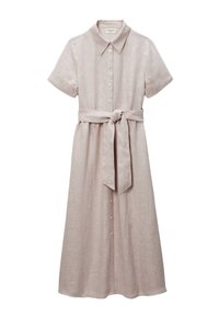 Robe en lin rose clair avec des manches courtes, un col, une fermeture à boutons à l'avant et une ceinture à la taille. Forme A-line. Texture douce avec une finition naturelle.