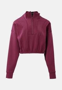 Geknipte bordeaux pullover met een hoge kraag en kwart rits. Heeft lange mouwen en een elastische tailleband voor een aansluitende look.