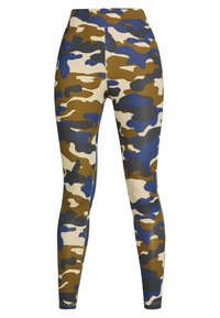 Kamouflage leggings med ett mönster i beige, brunt och blått, tillverkade av stretchigt tyg med hög midja och slät textur.