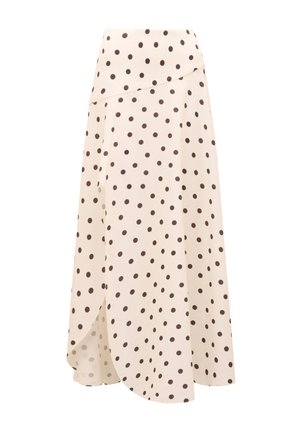 Cream-colored midi skirt with black polka dots, asymmetrical hem, and wrapped overlapping front panel.