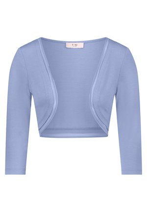 Jasnoniebieski krótki bolerko kardigan z długimi rękawami i otwartym przodem, wykonany z miękkiego dzianinowego materiału.