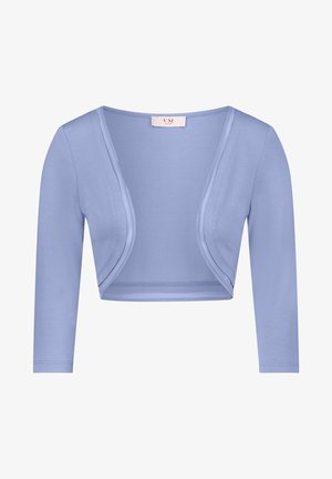 Jasnoniebieski krótki bolerko kardigan z długimi rękawami i otwartym przodem, wykonany z miękkiego dzianinowego materiału.