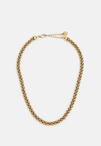 Gold-tone necklace featuring intertwined chains with a textured finish, secured by a clasp and adjustable chain for length customization.