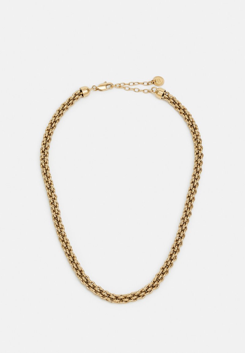 Gold-tone necklace featuring intertwined chains with a textured finish, secured by a clasp and adjustable chain for length customization.