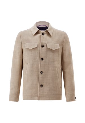Beige wool jacket with collar, five front buttons, two flap chest pockets, and two side pockets, displayed against a white background.