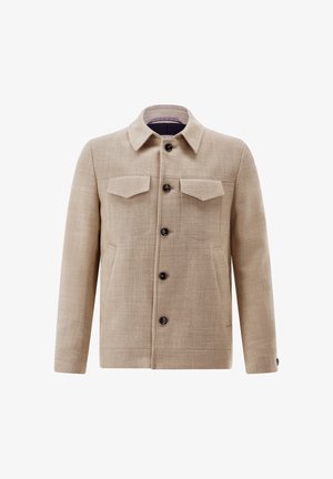 Beige wool jacket with collar, five front buttons, two flap chest pockets, and two side pockets, displayed against a white background.