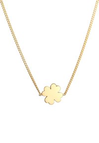Guldhalskæde med en delikat kæde og et centralt blomstformet vedhæng. Glat overflade med afrundede petalkanter. Enkel og elegant design.