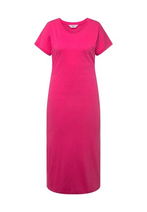 Abito t-shirt in cotone rosa con maniche corte, scollo rotondo, vestibilità ampia e orlo dritto, caratterizzato da un colore uniforme.