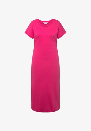 Rosa Baumwoll-T-Shirt-Kleid mit kurzen Ärmeln, rundem Halsausschnitt, lockerer Passform und geradem Saum, das durchgehend uni-farbig ist.