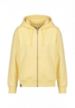 Sweat à capuche jaune zippé avec poches avant, capuche ajustable avec cordon de serrage, et poignets et ourlet côtelés, présenté sur un fond blanc.
