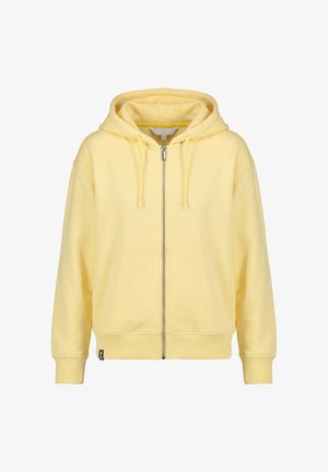 Gelber Kapuzenpullover mit Reißverschluss, Fronttaschen, verstellbarer Kordelzugkapuze sowie gerippten Bündchen und Saum, dargestellt vor weißem Hintergrund.