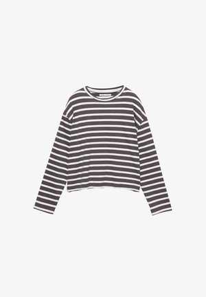 Paskowany t-shirt z długim rękawem w ciemnoszarym i białym kolorze. Miękka tkanina, okrągły dekolt, luźny krój, z poziomymi paskami i skróconym dołem.