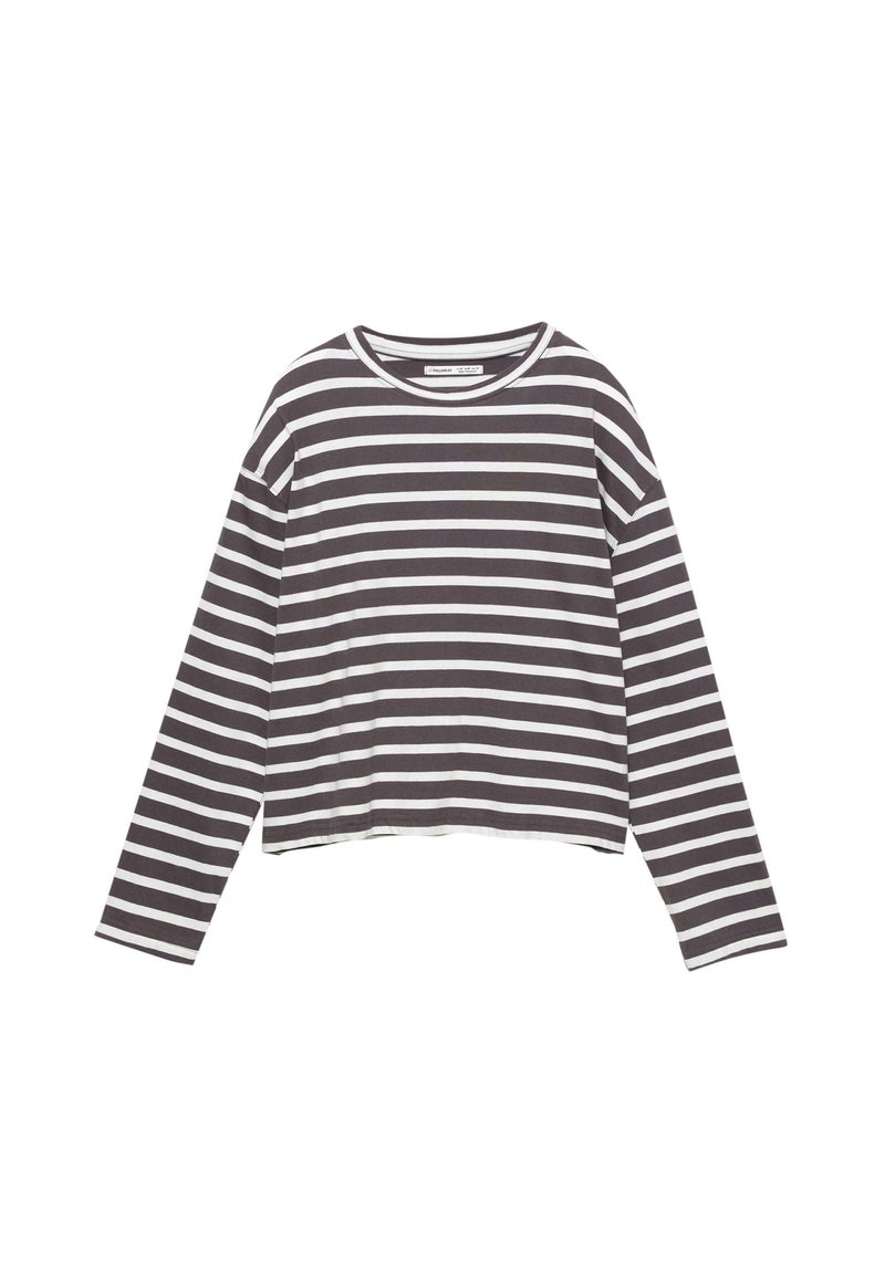 Gestreepte longsleeve t-shirt in donkergrijs en wit. Zachte stof, ronde halslijn, relaxte pasvorm, met horizontale strepen en een cropped zoom.