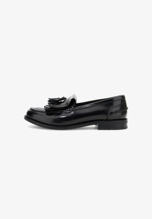 Sorte læder loafers med en glat finish, udstyret med en dekorativ frynse på vampsen og en lav, tilspidset hæl. Glat tekstur og rundt tå.