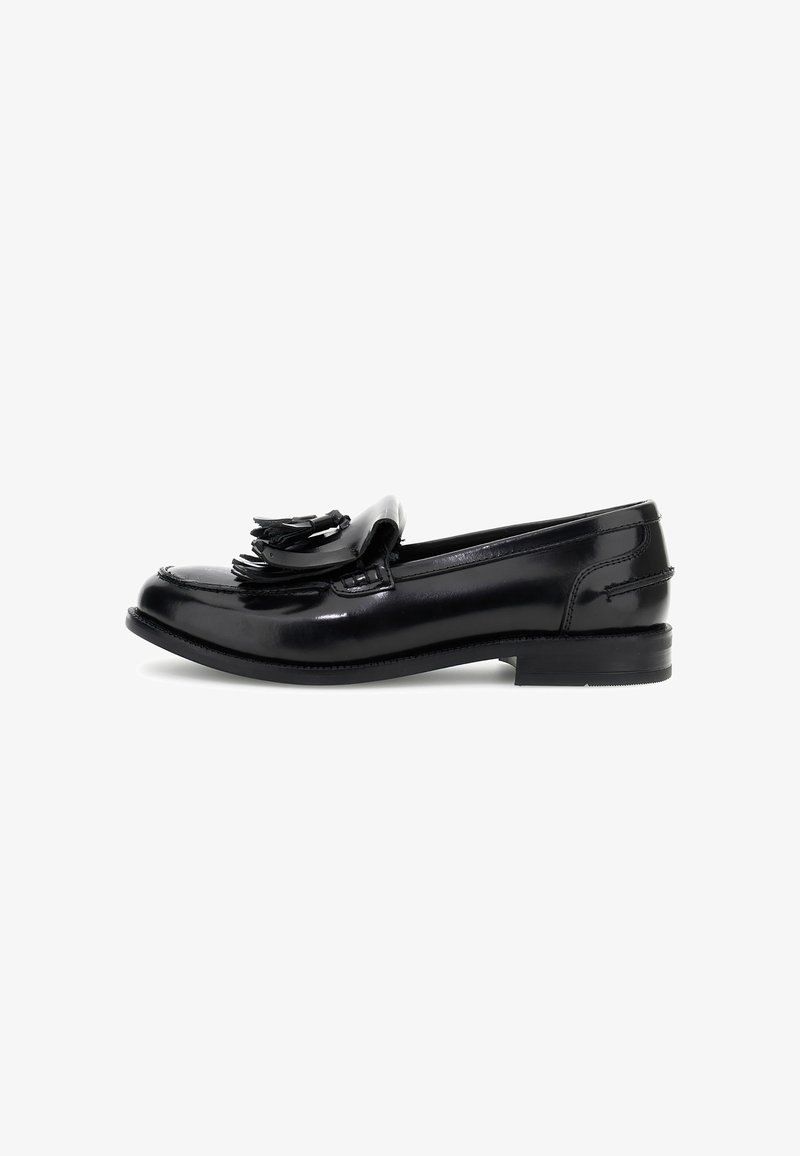 Black leather loafers with a glossy finish, featuring a decorative fringe on the vamp and a low, tapered heel. Smooth texture and rounded toe.