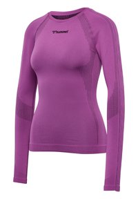 Paarse lange mouwen sportshirt met een aangesloten ontwerp, featuring mesh details langs de armen en een klein logo op de borst.