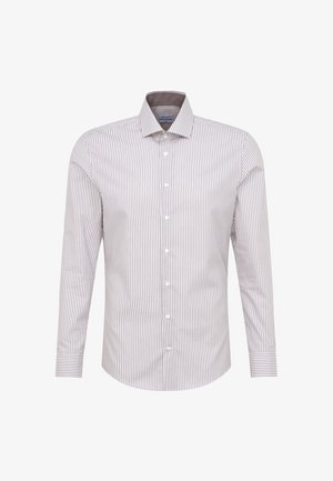 Langarm gestreepte blouse in lichtbruin en crème, met een knoopsluiting aan de voorkant en een contrasterende kraag. Lichtgewicht stof met een soepele textuur.