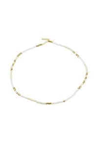 Helmes kaelakee, millel on valged ja elevandiluuvärvi helmed, vahele on lisatud väikesed kuldsed aktsendid, luues tekstuurse ja kihilise disaini.