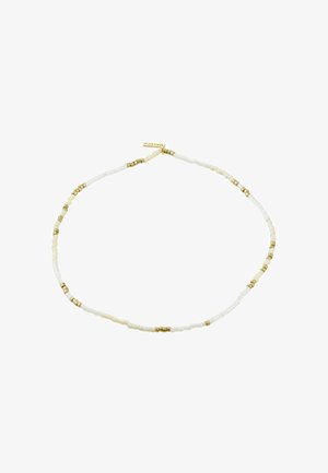 Helmes kaelakee, millel on valged ja elevandiluuvärvi helmed, vahele on lisatud väikesed kuldsed aktsendid, luues tekstuurse ja kihilise disaini.