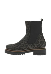 Bottines Chelsea à imprimé léopard noir et gris avec panneaux élastiques latéraux, semelle épaisse et détail en bois surélevé autour de la base.