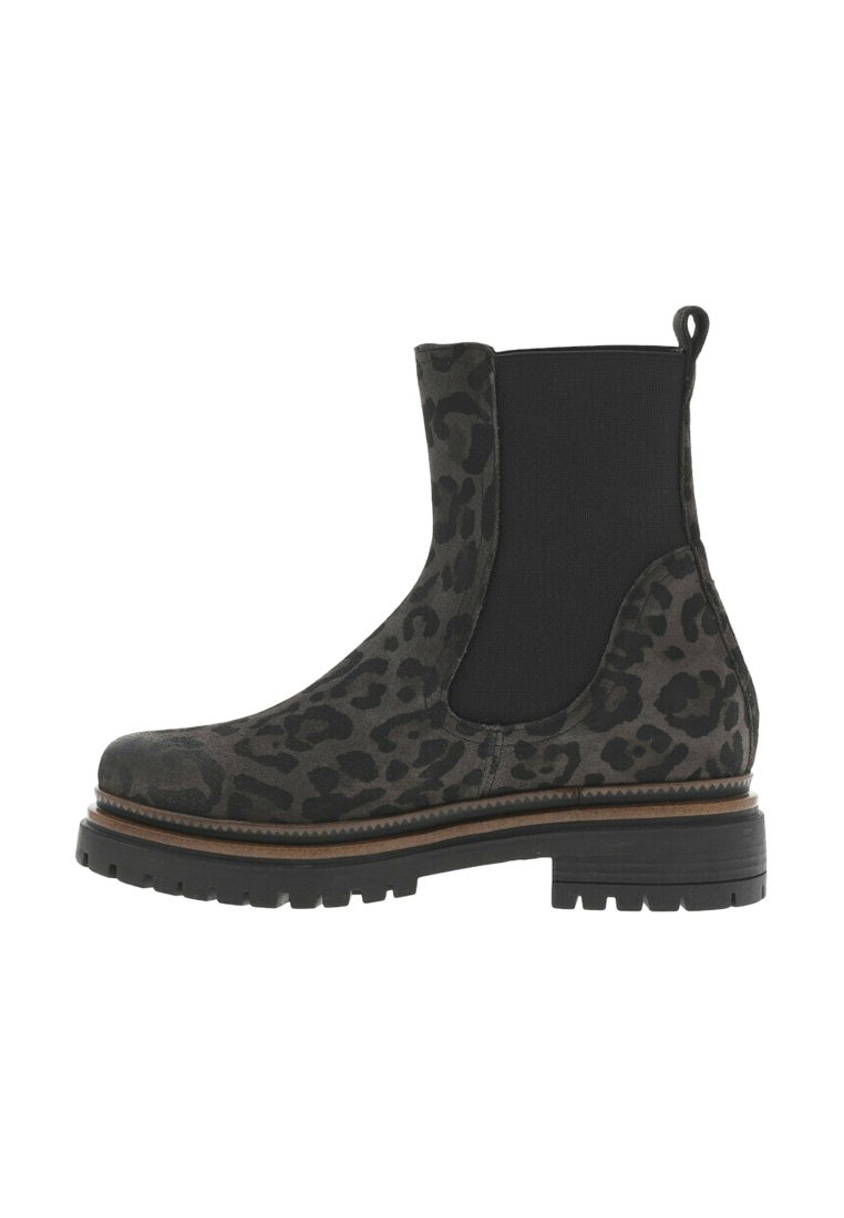 Bottines Chelsea à imprimé léopard noir et gris avec panneaux élastiques latéraux, semelle épaisse et détail en bois surélevé autour de la base.